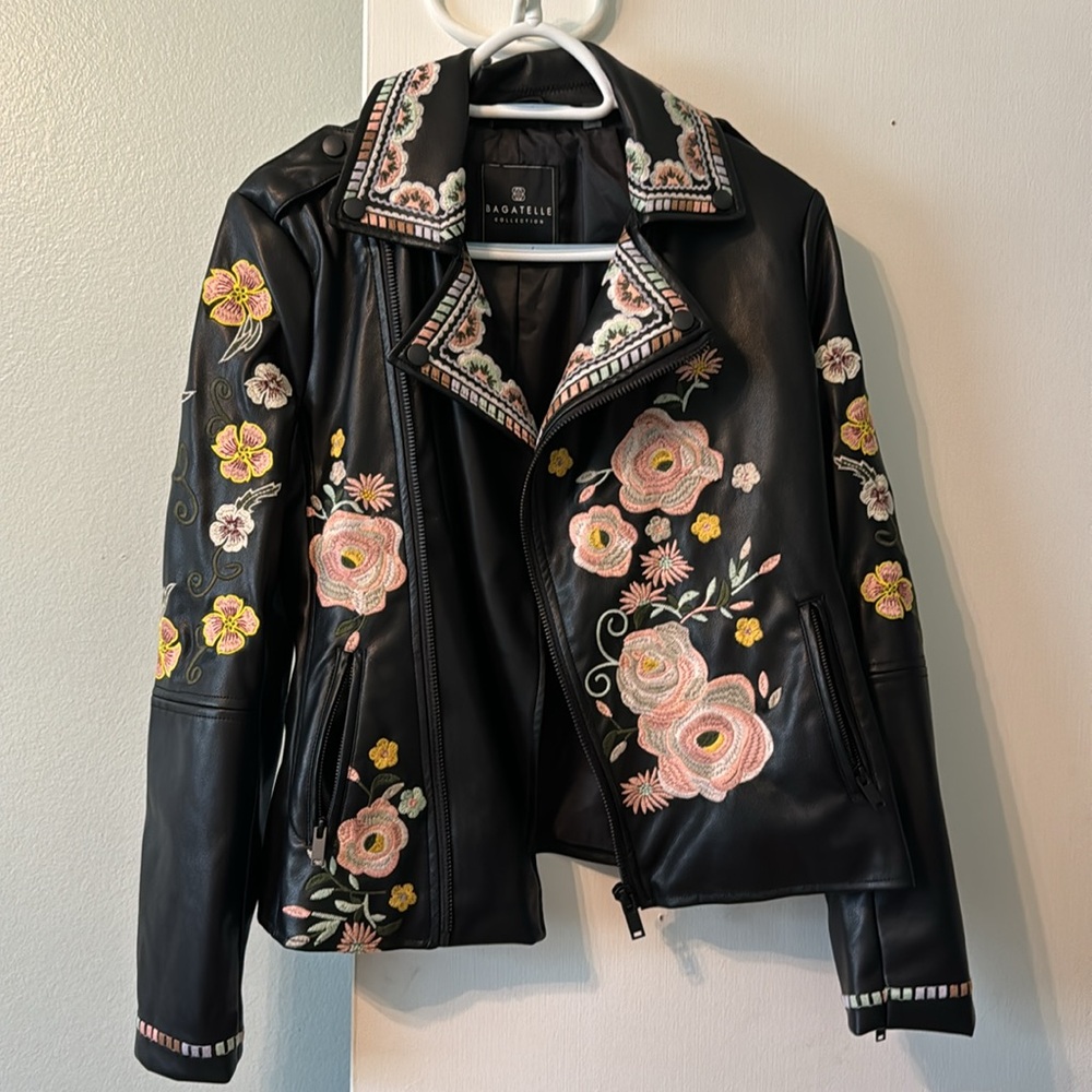 Like New Embroidered Faux Leather Moto Jacket black/multi Sz XS, fits XS/S